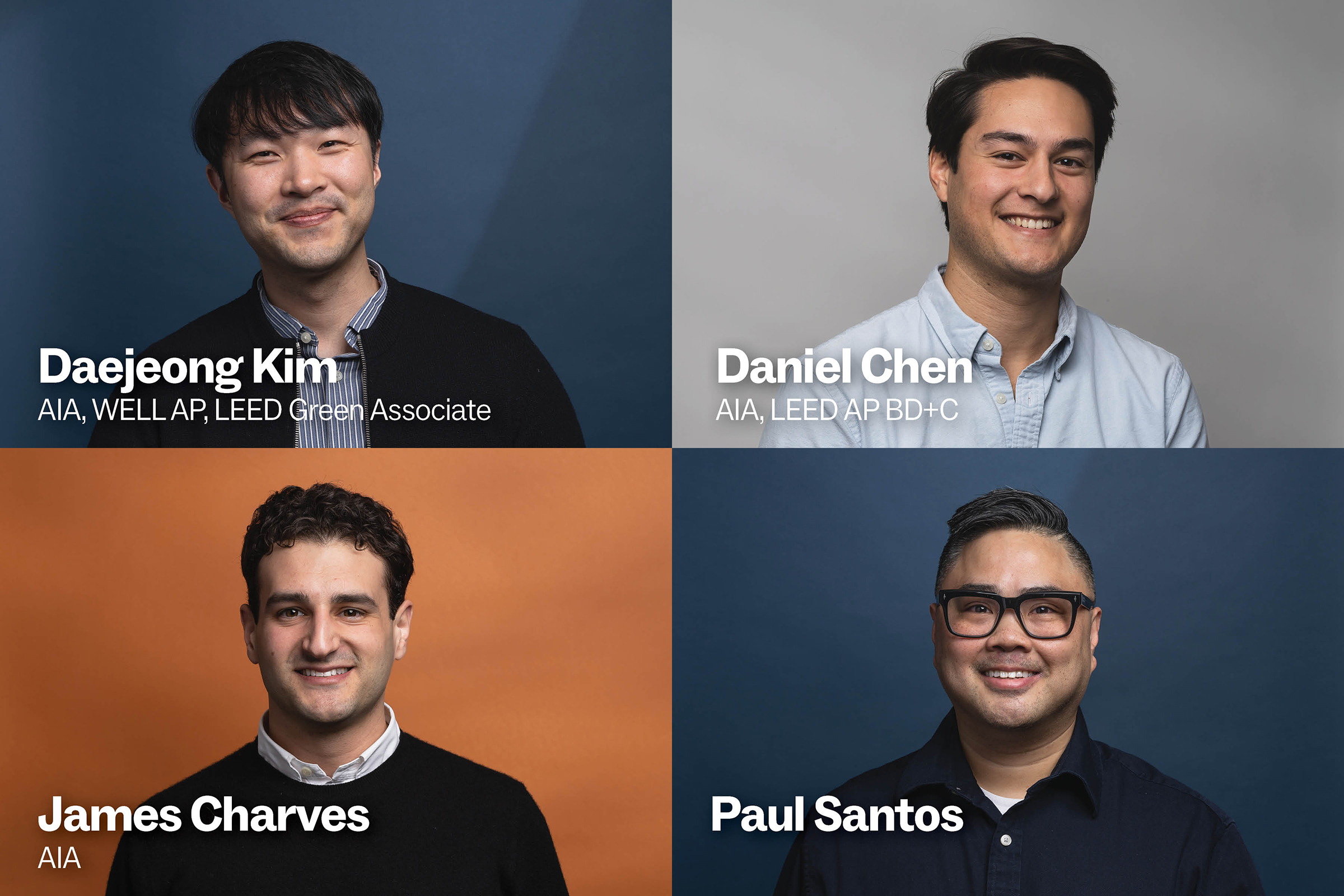 Headshots of Daejeong Kim, Daniel Chen, James Charves, and Paul Santos