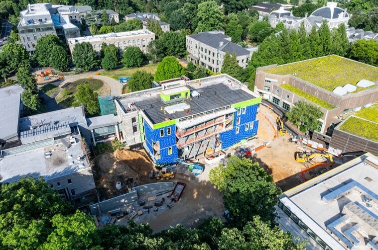 Aerial view of the construction progressing at Swarthmore College's Martin Hall